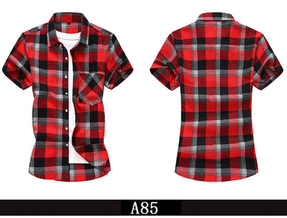 Striped Plaid Short-sleeved Shirt Men's Single-breasted Square Collar Cotton Shirts Summer Fashion Casual Camisa Men Chemise 7XL