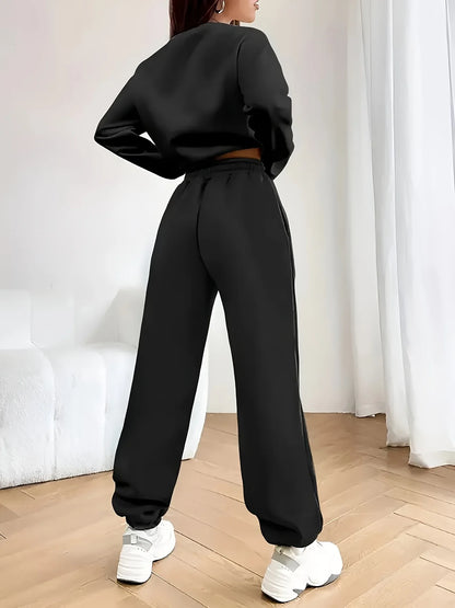 Women's Autumn/Winter Hip Hop Casual Street Paris French Pattern Printed Round Neck Sweatshirt+Sweatpants Warm Set
