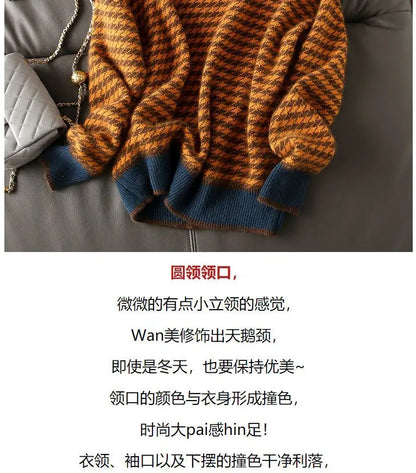 Houndstooth half turtleneck loose and thin knitted sweater women 22 autumn long sleeve casual plaid pullover sweater female