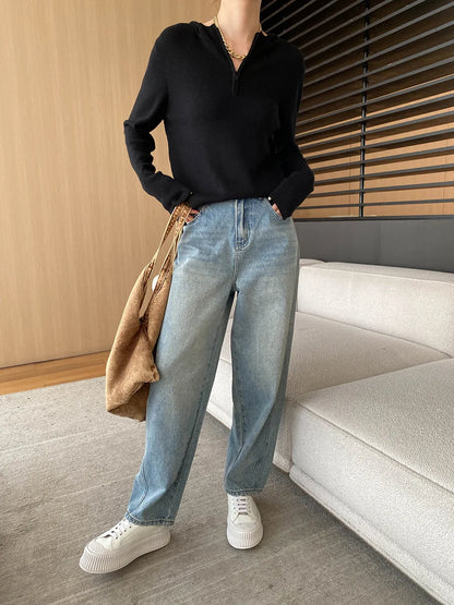 Curved Knife Cut Wide Leg Loose Jeans Look Slimmer 2024 Autumn Denim Pant