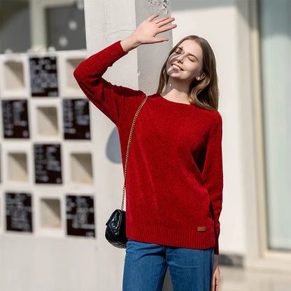 Chenille Sweater for Women O Neck Pullovers Ribbed Cuff Long Sleeve Knitted Tops Women Solid Sweater 2024 Cozy Sweaters Jumpers