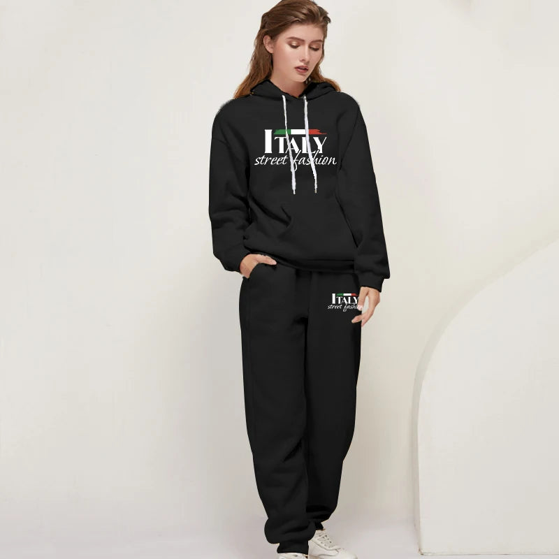Womens Pants Suit Print Casual Hooded Sweatshirt Set Sports Jogging Woman Clothing AutumnWinter Office Home Tracksuit Street y2k