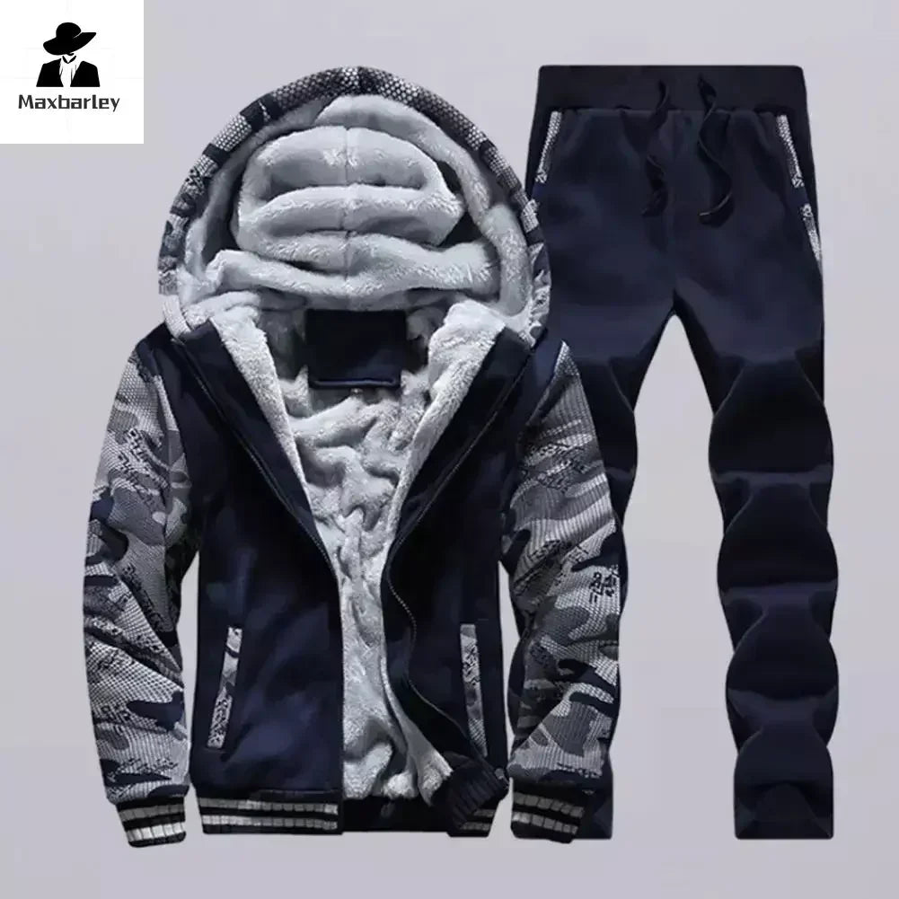New Fleece Men Set Fashion Brand Tracksuit Lined Thick Sweatshirt + Pants Sportswear Suit Male Winter Warm Hooded Outerwear Suit