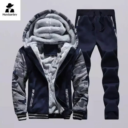 New Fleece Men Set Fashion Brand Tracksuit Lined Thick Sweatshirt + Pants Sportswear Suit Male Winter Warm Hooded Outerwear Suit