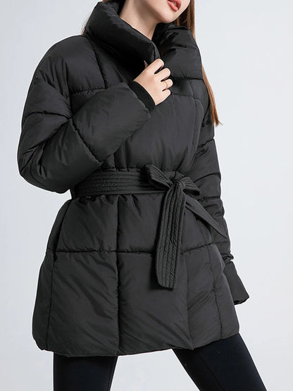 LANMREM Women's Parkas Solid Color Warm Cotton Padded Coat Jacket Belt Gathered Waist Female Fashion Winter Clothing 2DB1775