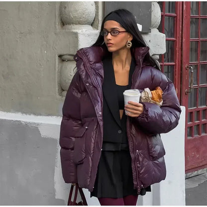 Fashion Burgundy Winter Warm Thicken Zipper Jacket Women Chic Stand Collar Pocket Cotton Coat 2024 Autumn Winter Lady Streetwear