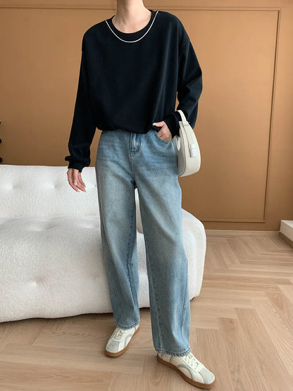 Curved Knife Cut Wide Leg Loose Jeans Look Slimmer 2024 Autumn Denim Pant