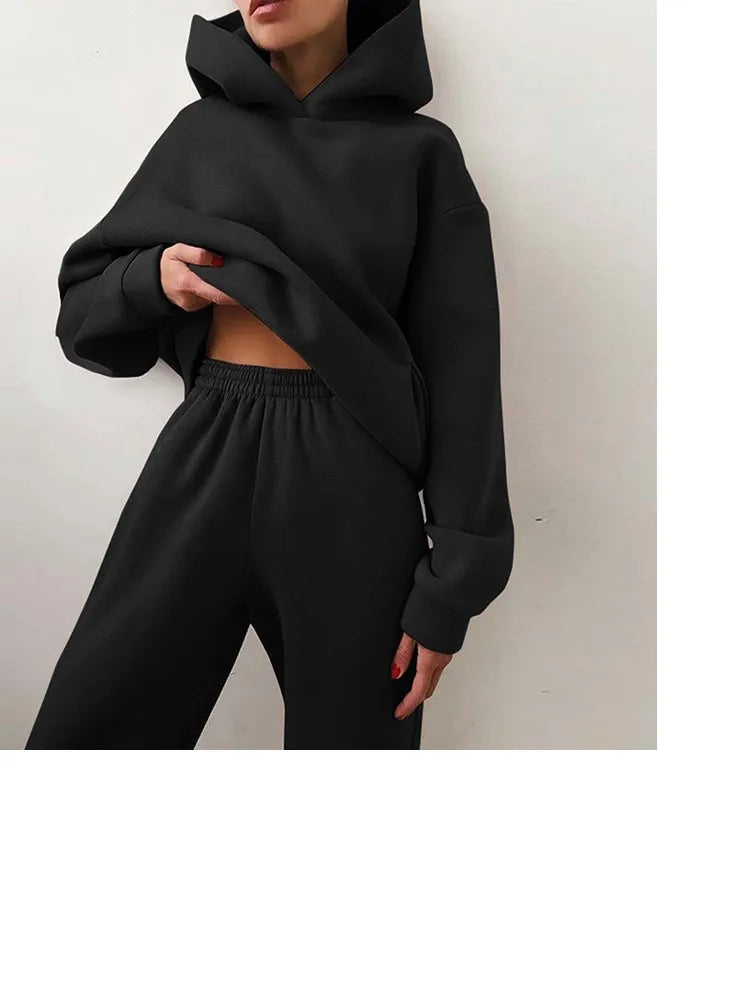 Autumn Winter Casual Thickened Sports Hooded Sweatshirt Trousers Suit Women's Fashion Loose Pocket Female Trousers 2 Pieces Set