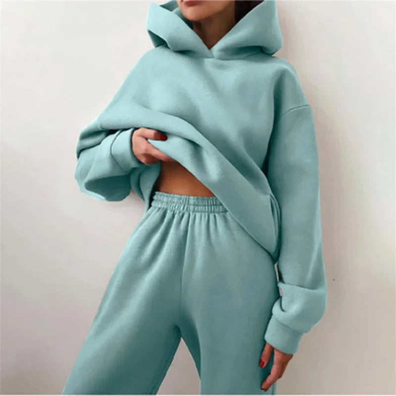 Two-Piece Oversized Tracksuit for Women, Warm Hoodie Sweatshirts, Long Pant Sets, Casual Hoody, Monochromatic, Autumn Fashion