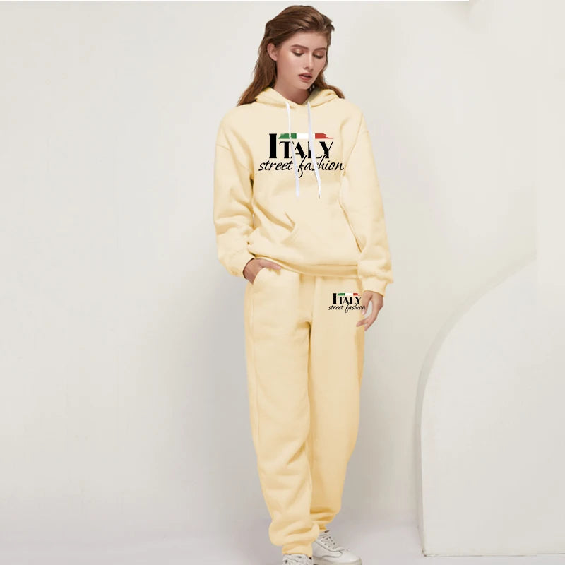 Womens Pants Suit Print Casual Hooded Sweatshirt Set Sports Jogging Woman Clothing AutumnWinter Office Home Tracksuit Street y2k