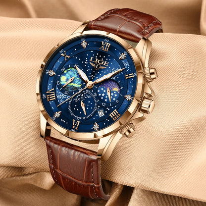 LIGE Women Watches Fashion Luxury Quartz Leather Strap Moon Phase Waterproof Luminous Wristwatch Date Business Casual Lady Clock