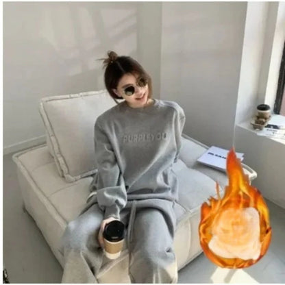 Large Size Velvet Thickened Sports and Leisure Suit Women's Autumn and Winter New Fashion Loose Sweater Trousers Two-piece Set