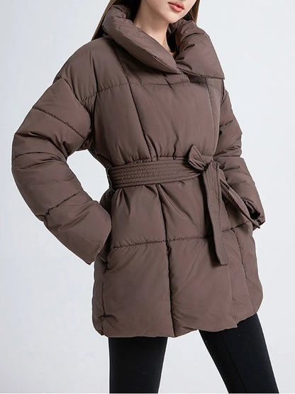 LANMREM Women's Parkas Solid Color Warm Cotton Padded Coat Jacket Belt Gathered Waist Female Fashion Winter Clothing 2DB1775