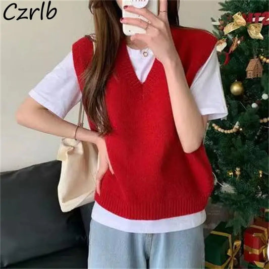 Women V-neck Daily Solid Sleeveless Knitwear