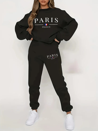 Women's Autumn/Winter Hip Hop Casual Street Paris French Pattern Printed Round Neck Sweatshirt+Sweatpants Warm Set