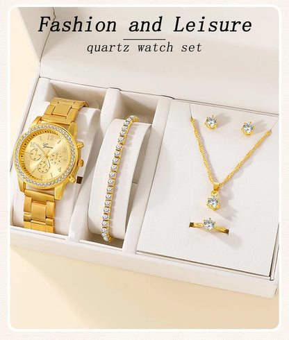 6PCS Set Luxury Watch Women Ring Necklace Earring Rhinestone Fashion Wristwatch Casual Ladies Watches Bracelet Set Clock