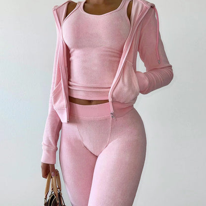 Autumn Winter Double-sided Velvet Vest 3 Piece Set For Woman's Fashion Hooded Sweatshirt Jacket Slim Pocket Trousers Female Suit