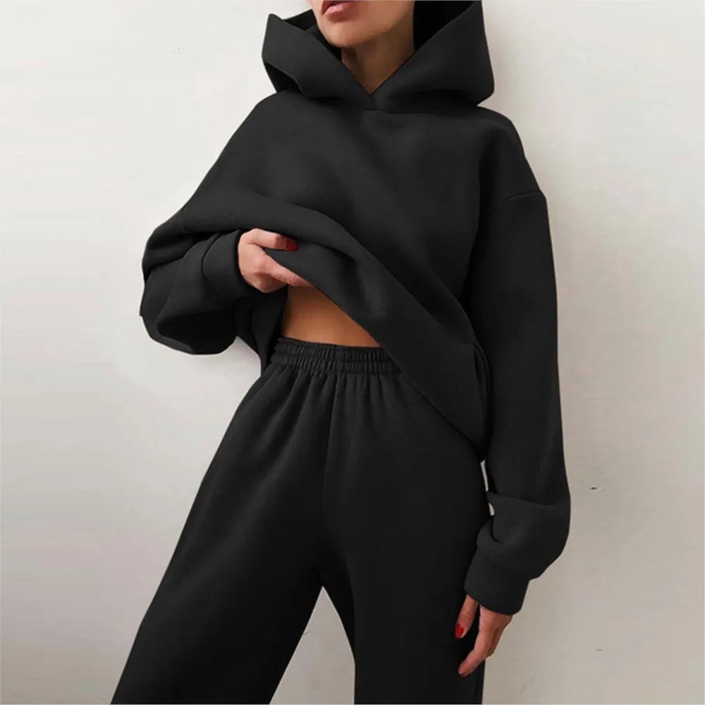 Autumn Winter Casual Thickened Sports Hooded Sweatshirt Trousers Suit Women's Fashion Loose Pocket Female Trousers 2 Pieces Set