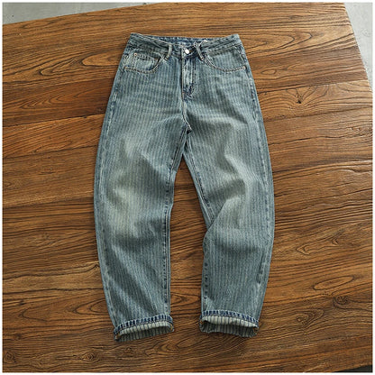 Heavy chunky jeans men vintage do old wash dark vertical texture of loose straight leg denim pants