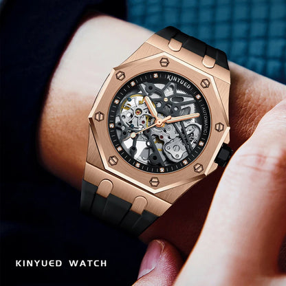 KINYUED Fashion Skeleton Mechanical Watch Top Brand Luxury Men's Steampunk Transparent Hollow Automatic Watch Relogio Masculino