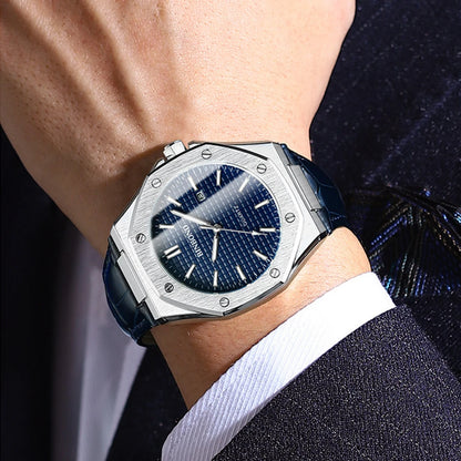 BINBOND Men's Watches Top Fashion Original Quartz Wrstwatch for Man Precision Steel Case Textured Dial Leather Strap Waterproof