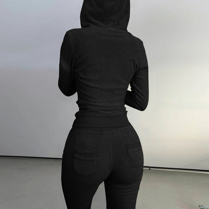 Autumn Winter Double-sided Velvet Vest 3 Piece Set For Woman's Fashion Hooded Sweatshirt Jacket Slim Pocket Trousers Female Suit