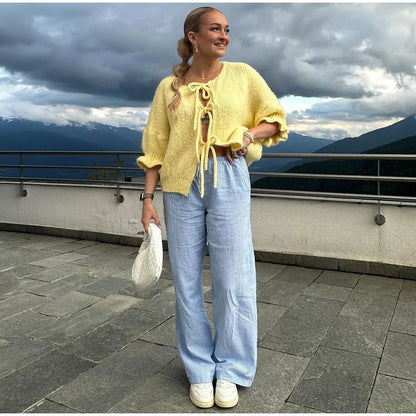 Bow Lace Up Hollow Out Knitted Cardigan  for Women