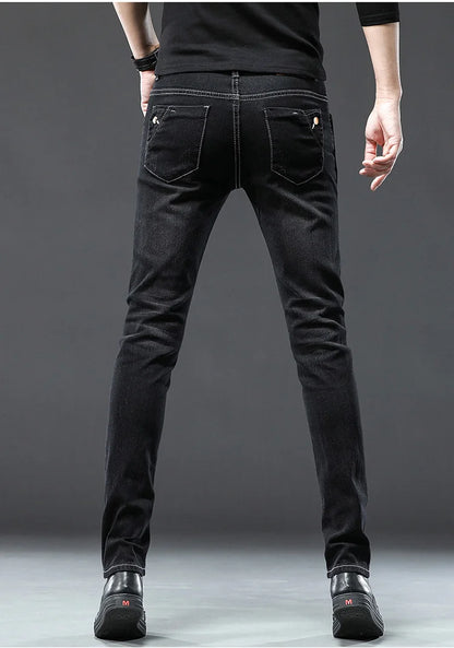 Classic Slim Vintage Fashion Men's Designer Jeans Snowflake Grey Wash Korean Fashion Stretch Pants Multi-button Denim Trousers