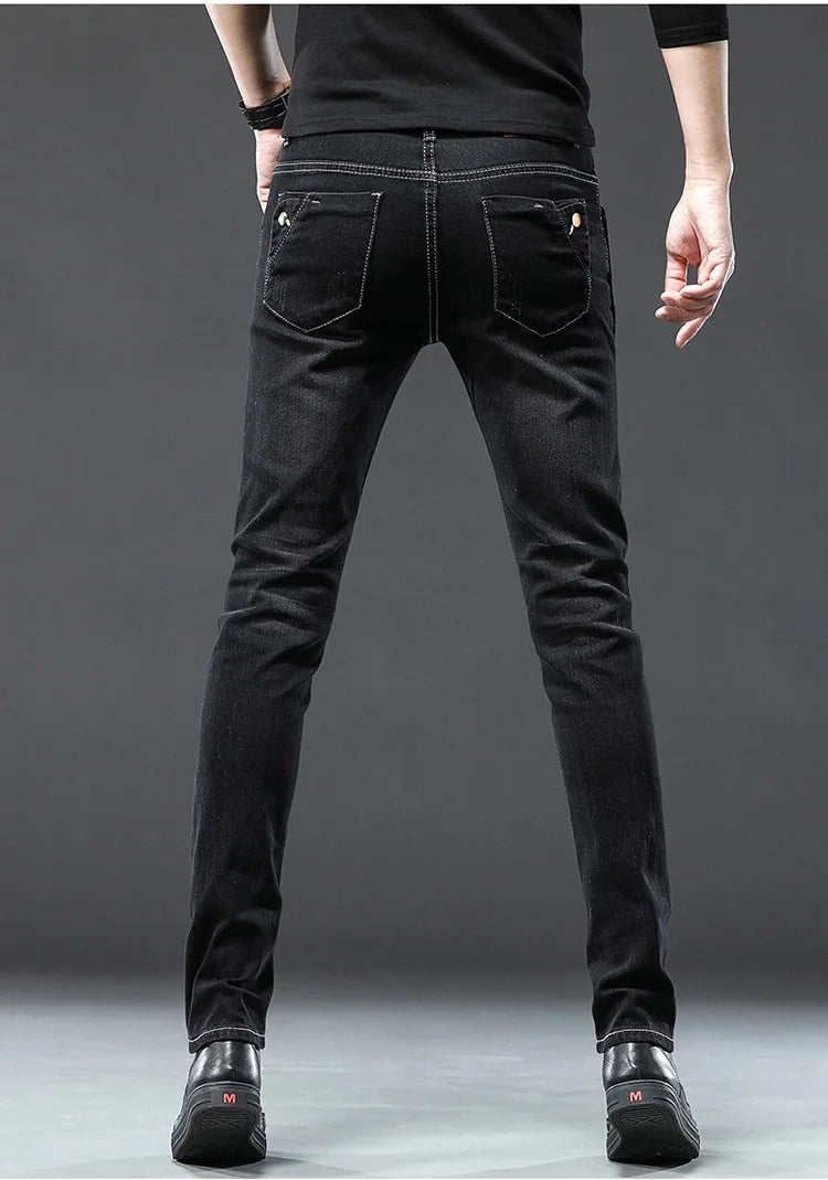 Classic Slim Vintage Fashion Men's Designer Jeans Snowflake Grey Wash Korean Fashion Stretch Pants Multi-button Denim Trousers