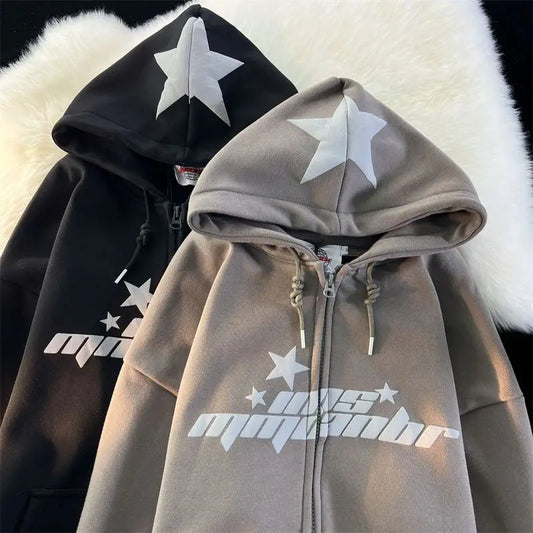 Star Print Hoodies Women's Y2K Street Hip-Hop Zipper Sweatshirt Couple Loose Cashmere Hoodie Cardigan Unisex Casual Coat Women's