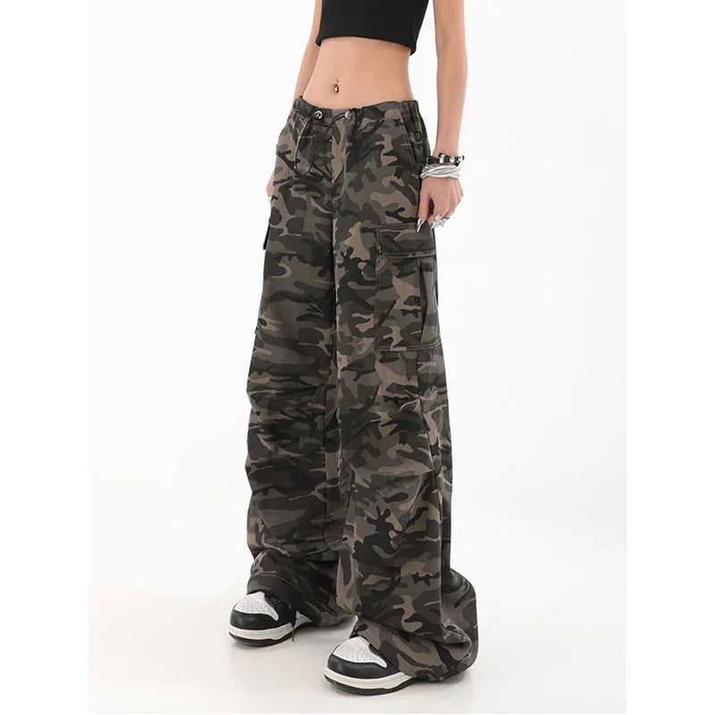 American Retro High Street Casual Overalls Camouflage Loose Wide Leg Pants For Women Y2k Hip-hop Cargo Grunge Baggy Trousers
