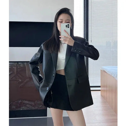 Korean Black Leather Jacket Women Streetwear Loose Formal Leather Blazers Female Fashion Trend Chic Punk Leather Jacket 2023 New