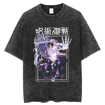 Vintage Anime Printed Washed T-shirt Men Women Cotton T Shirt Hip Hop Streetwear Summer Crew Neck Retro Short Sleeve Tees Tops