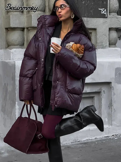 Fashion Burgundy Winter Warm Thicken Zipper Jacket Women Chic Stand Collar Pocket Cotton Coat 2024 Autumn Winter Lady Streetwear