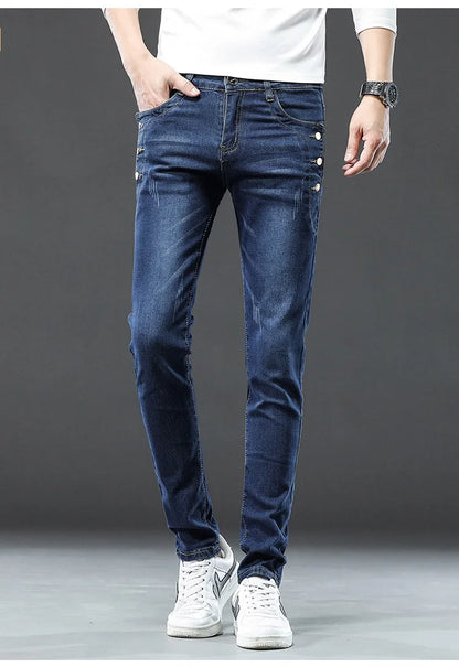 Classic Slim Vintage Fashion Men's Designer Jeans Snowflake Grey Wash Korean Fashion Stretch Pants Multi-button Denim Trousers