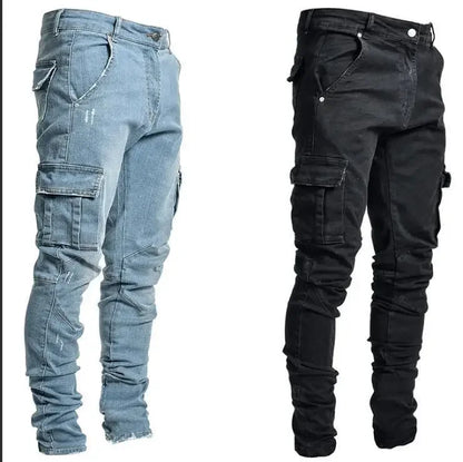 2024 Men Jeans Pencil Pants Cargo Denim Solid Ankle Length Washing Punk Mid Waist Sheath Gothic Slight Strech High Street