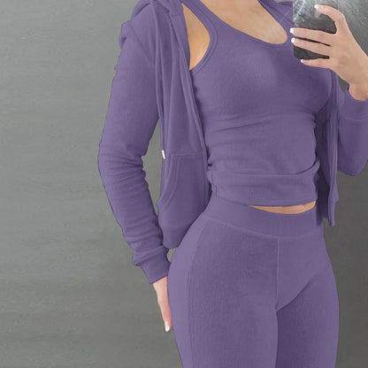 Autumn Winter Double-sided Velvet Vest 3 Piece Set For Woman's Fashion Hooded Sweatshirt Jacket Slim Pocket Trousers Female Suit