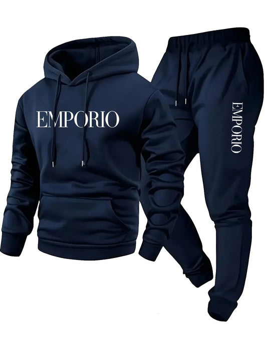 Men's Solid Color Tracksuit Set, Winter Warm Hooded Sweatshirt & Joggers, Casual Streetwear Outfit, Gym Workout Athletic Clothin