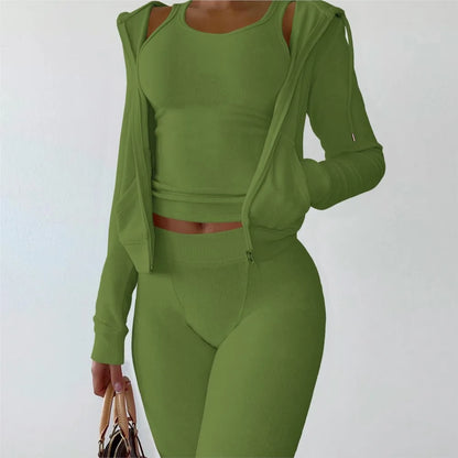 Autumn Winter Double-sided Velvet Vest 3 Piece Set For Woman's Fashion Hooded Sweatshirt Jacket Slim Pocket Trousers Female Suit