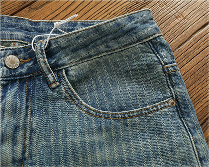Heavy chunky jeans men vintage do old wash dark vertical texture of loose straight leg denim pants
