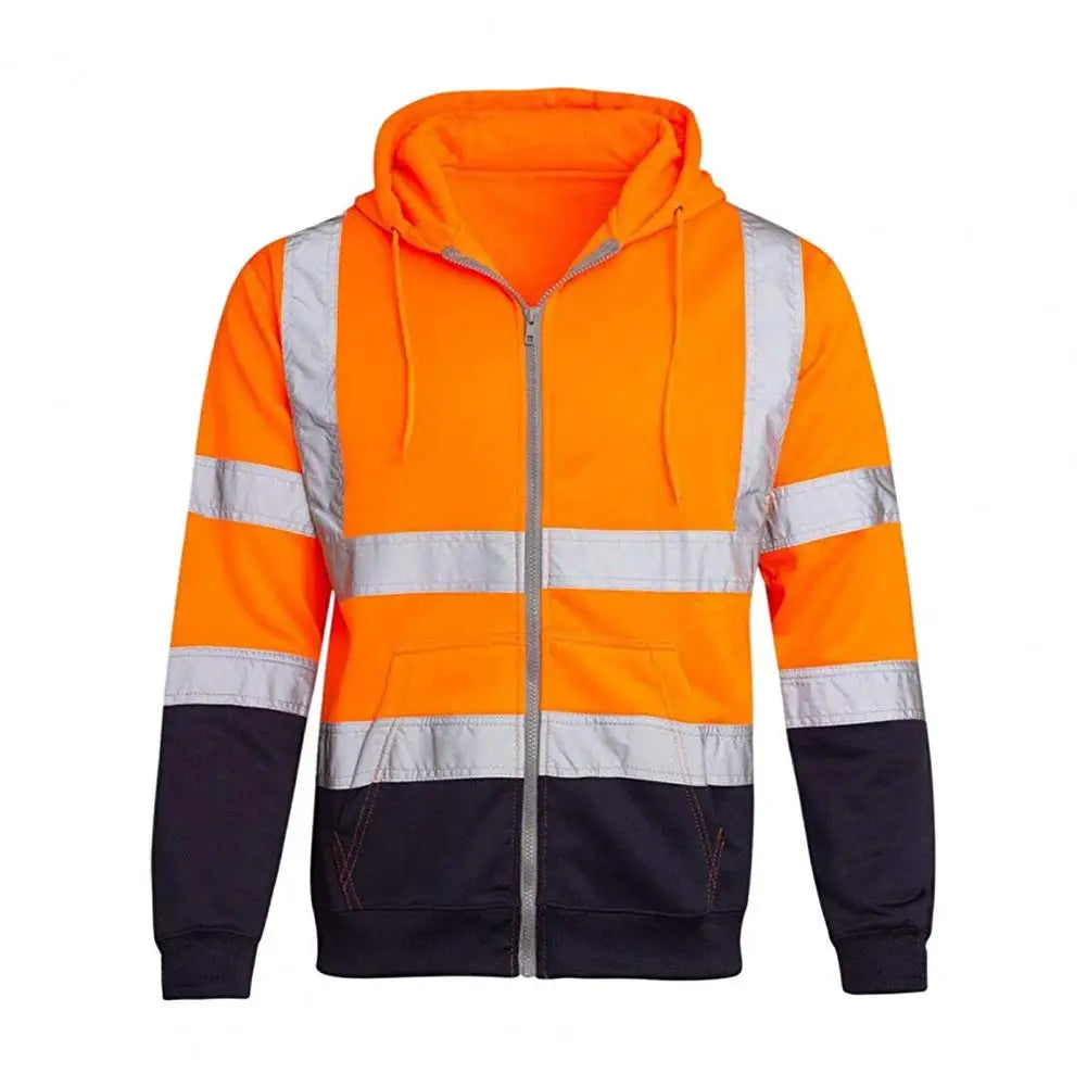 Reflective Hoodie Reflective Strip Men's Hoodie Coat with Drawstring Closure for Outdoor Work Safety Warm Cold-proof Overalls