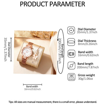 2 PCS New Women's Small Fresh Fashion Digital Rhinestone Star Quartz Watch Luxury Butterfly Jewelry Bracelet Birthday Gift Set