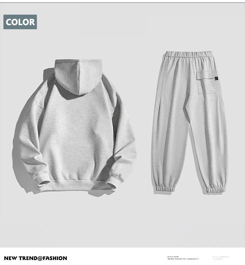 Spring Autumn Men Suit Thickened Warm Windproof Hooded Long Sleeve Trouser Solid Color Casual Sports Two Piece Running Sport Set