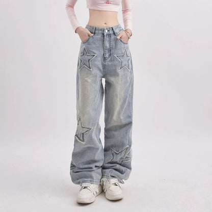 American Retro Jeans Five-point Star Raw Edge Splicing Loose Wide-leg Jeans Women Look Thin Trendy All-match Mopping Pants Women
