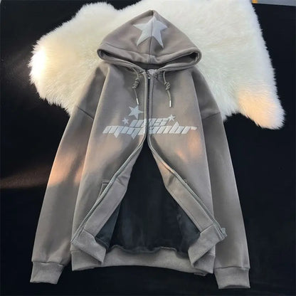 Star Print Hoodies Women's Y2K Street Hip-Hop Zipper Sweatshirt Couple Loose Cashmere Hoodie Cardigan Unisex Casual Coat Women's