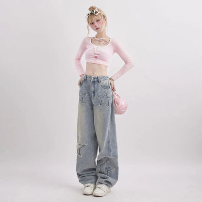 American Retro Jeans Five-point Star Raw Edge Splicing Loose Wide-leg Jeans Women Look Thin Trendy All-match Mopping Pants Women