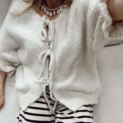 Bow Lace Up Hollow Out Knitted Cardigan  for Women