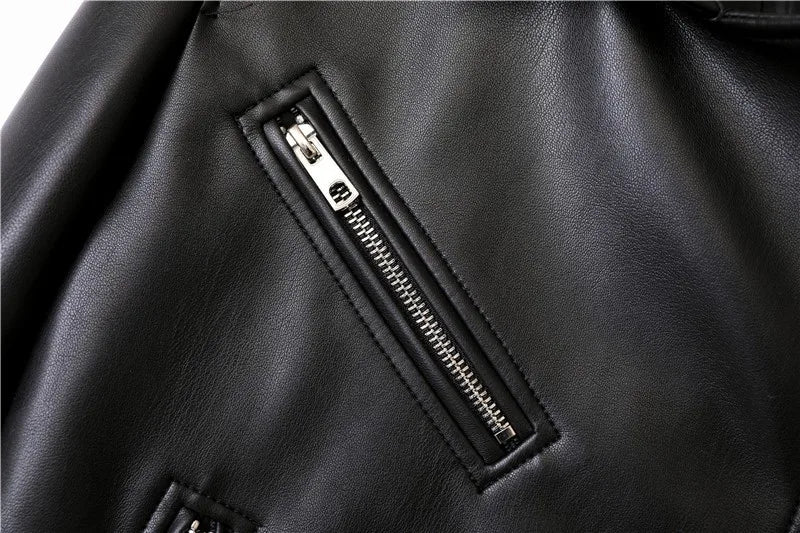 ZVRI classic black Spring and Autumn 2023 The new belt detachable epaulet motorcycle jacket leather jacket
