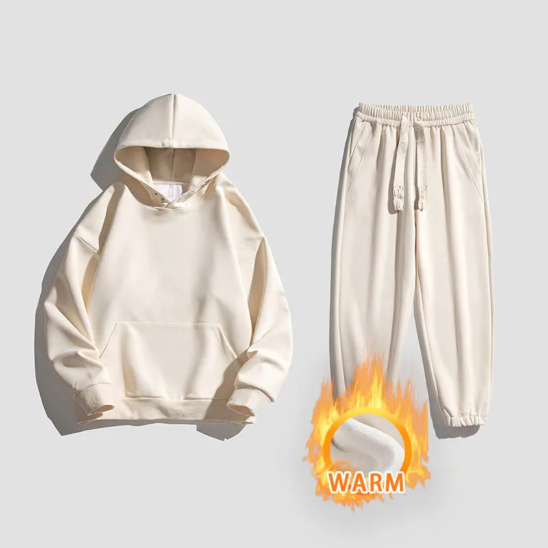 Spring Autumn Men Suit Thickened Warm Windproof Hooded Long Sleeve Trouser Solid Color Casual Sports Two Piece Running Sport Set