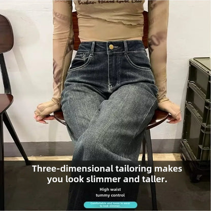 High-waisted Wide-leg Jeans Women's Autumn Winter Petite Fleece-lined Slimming Loose-fit Draped Concrete Grey Straight-leg Pants